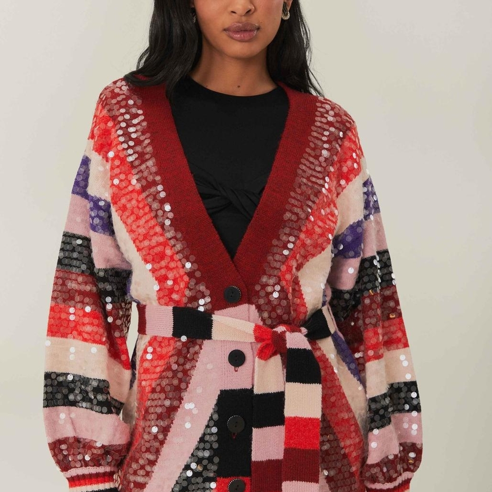 Sequin Striped Cardigan Sweater - Red, Pink, Black